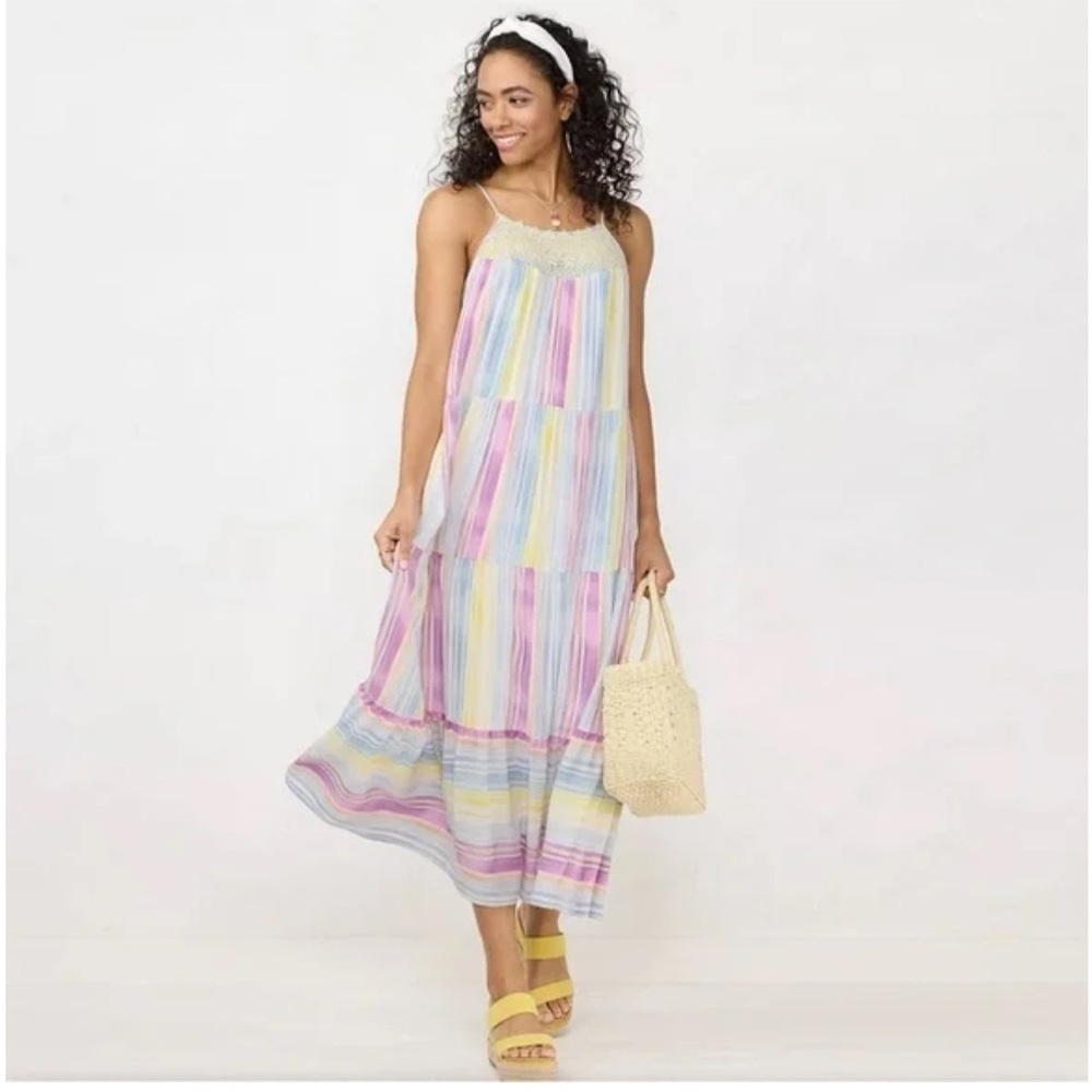 LC Lauren Conrad Crochet-Yoke Tiered Maxi Dress Summer Beach Boho Large